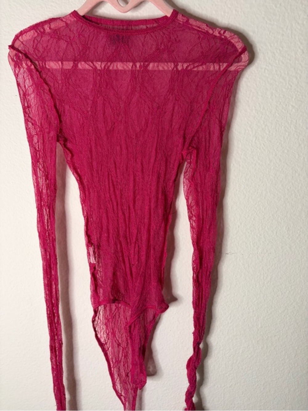 Edikted Fuchsia Sheer Lace Long-Sleeve Bodysuit